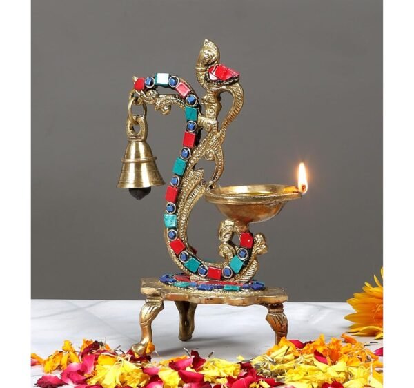 Two Moustaches 100% Pure Brass Diya with Bell , GemstoneBest Amazon Deals