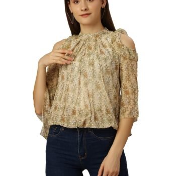 SXV STYLE Women's Floral Print Cold Shoulder Top, Beige,Best Amazon Deals