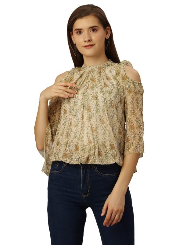 SXV STYLE Women's Floral Print Cold Shoulder Top, Beige,Best Amazon Deals