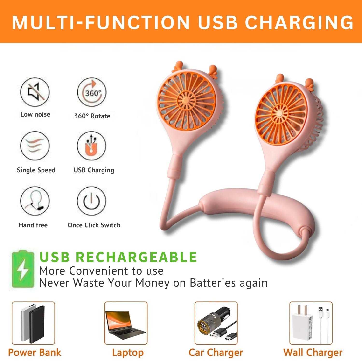 One94Store Rechargeable Neck Fan (Pink) | 1200mAhBest Amazon Deals